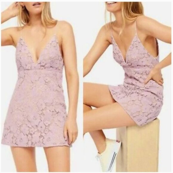 Free People Dangerous Love Purple Lace Mini Dress Size 6 - Picture 1 of 12